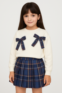 Girls Blue Checks Skirt With White Sweatshirt And Bows