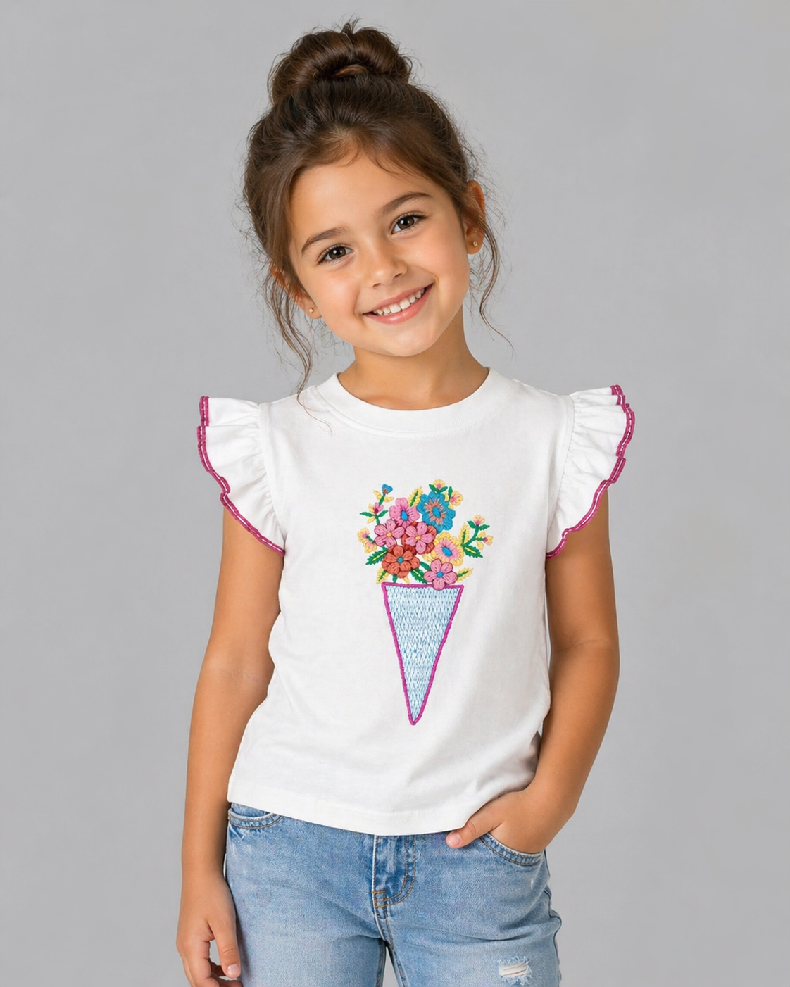 WHITE HAND EMBROIDERY FLOWER CONE POPPING  T-SHIRT
