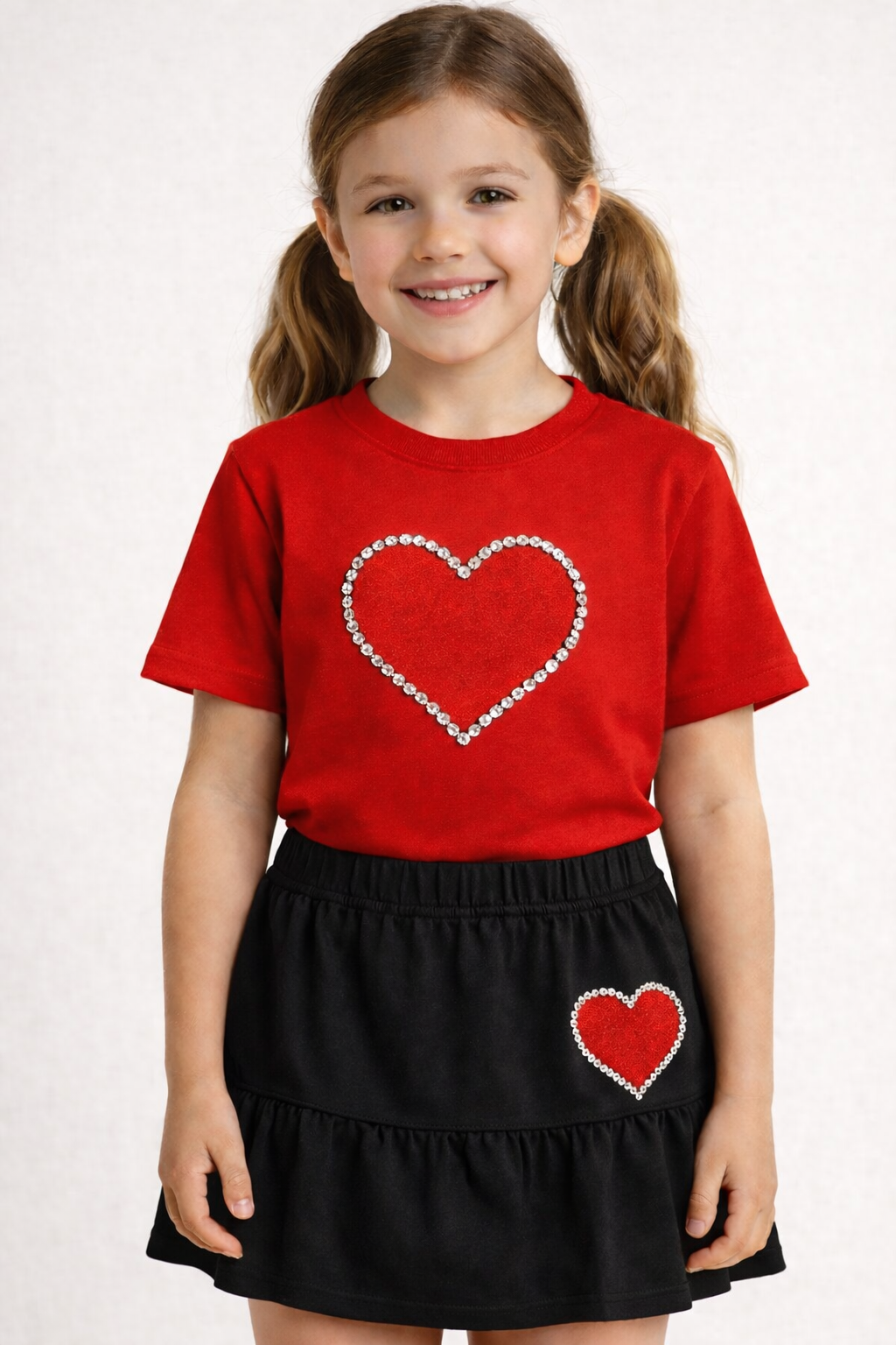 RED HEART T-SHIRT WITH BLACK SKIRT WITH RED HEART CO-ORD SET