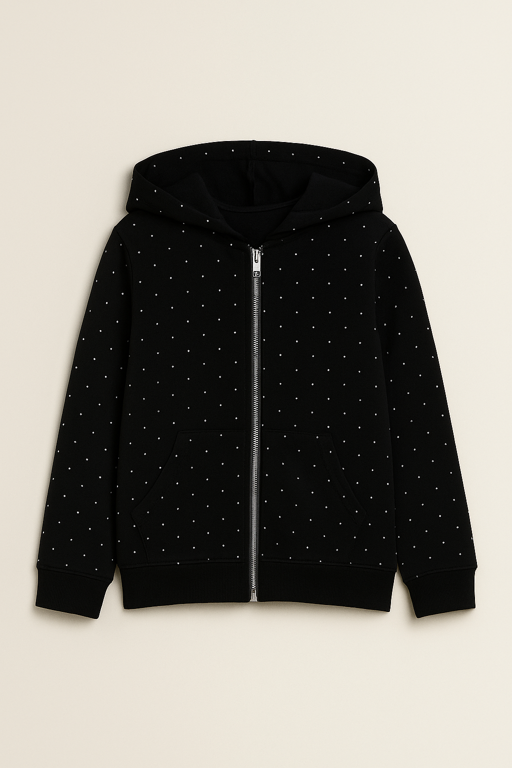 Black Hoodie With Silver Embellishments & With Silver Zipper