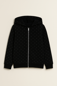 Black Hoodie With Silver Embellishments & With Silver Zipper