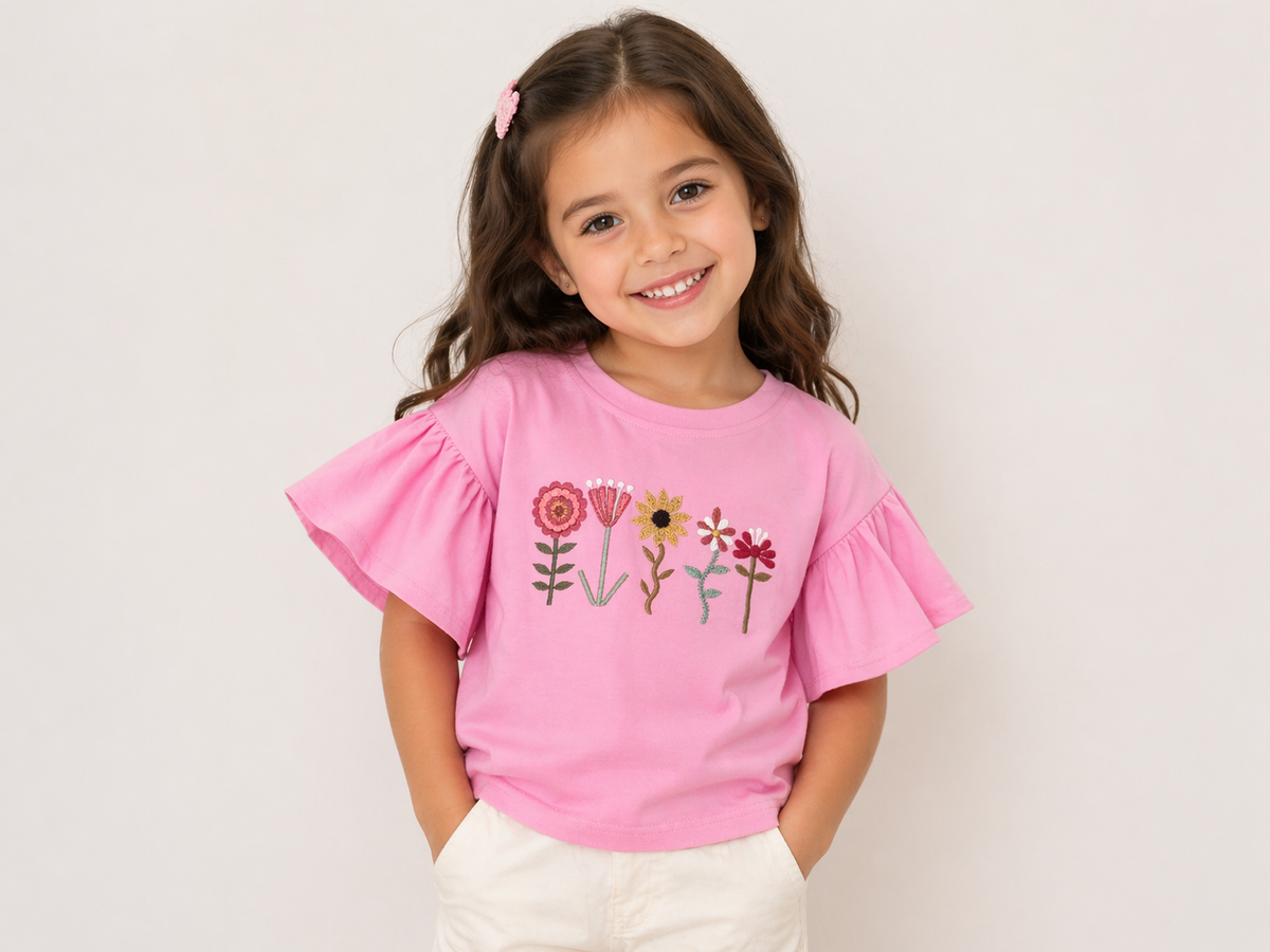 GIRLS PINK T-SHIRT WITH HAND EMBROIDERY FLOWERS WITH FLUTTER TEE