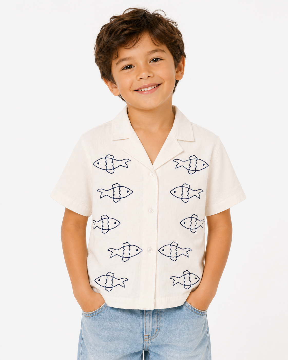 BOYS WHITE SHIRT WITH PARELLEL FISH EMBROIDERY