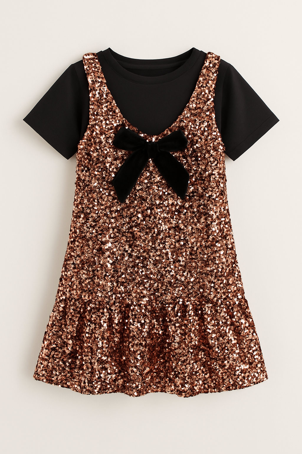 Girls Gold Metallic Sequins Dress With Black Bow & Black T-Shirt