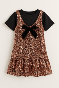 Girls Gold Metallic Sequins Dress With Black Bow & Black T-Shirt