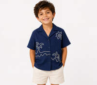 BOYS HAND EMBROIDERY VACATION SHIRT WITH PALM TREES AND SUN