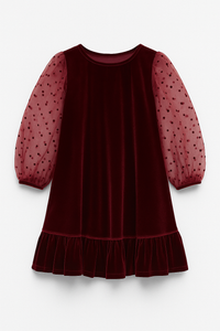 Girls Marroon Velvet Dress With Polka Dot Organza Dress