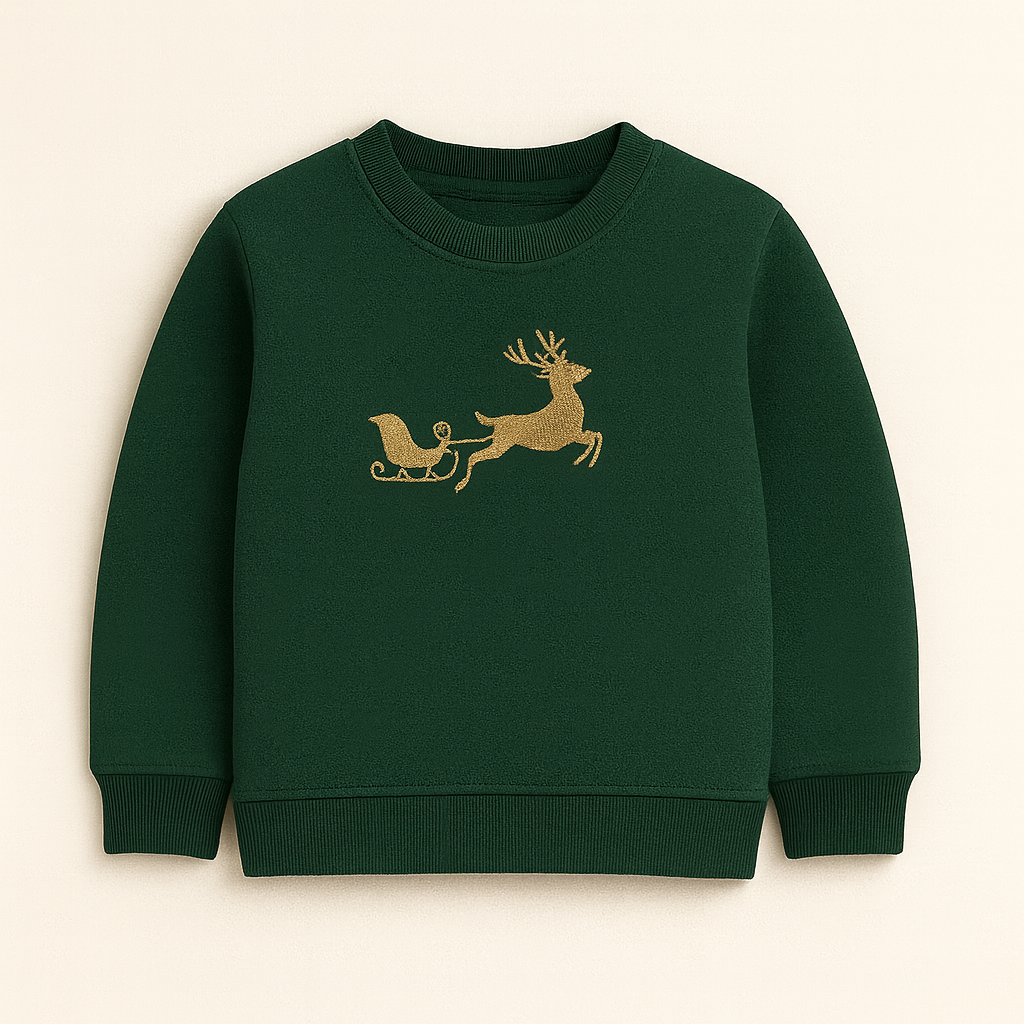 Green Christmas Reindeer Embroidered Sweatshirt with Golden Sequined Skirt