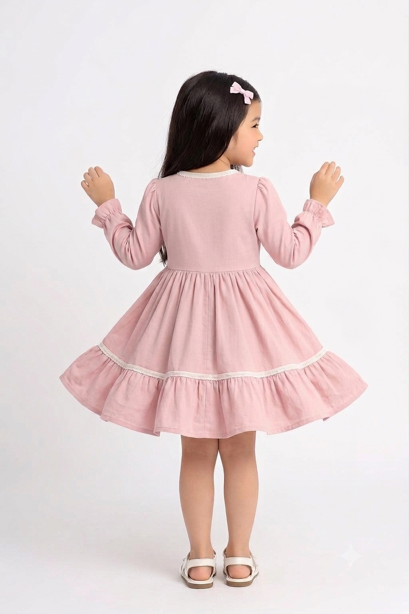Girls Long Sleeve Pink Embroidered Dress with Lace Trim