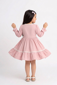 Girls Long Sleeve Pink Embroidered Dress with Lace Trim