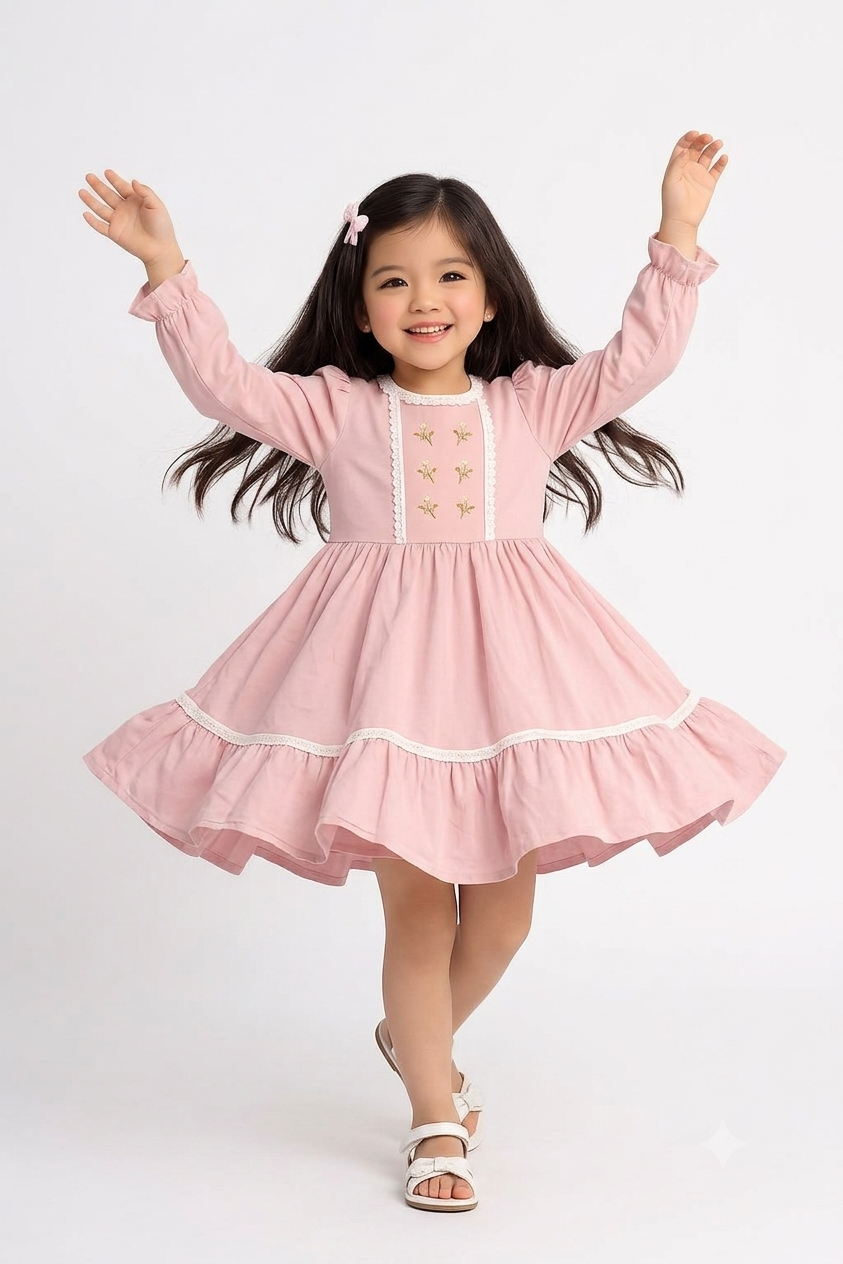 Girls Long Sleeve Pink Embroidered Dress with Lace Trim