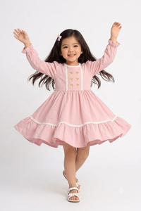 Girls Long Sleeve Pink Embroidered Dress with Lace Trim
