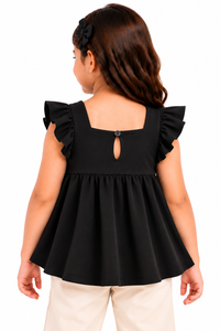 ZIP ZAP ZOOP Girls Black Scuba Top with Square Neck, Statement Bow & Ruffle Sleeves