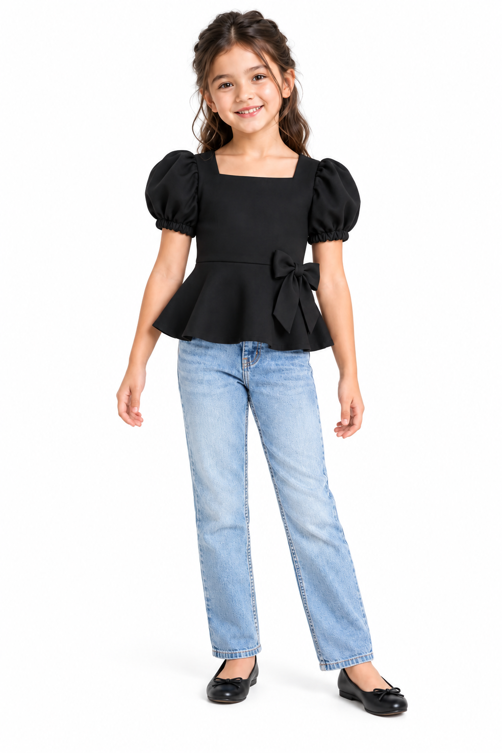 ZIP ZAP ZOOP Girls Black Scuba Square Neck Puff Sleeve Peplum Top with Bow Detail