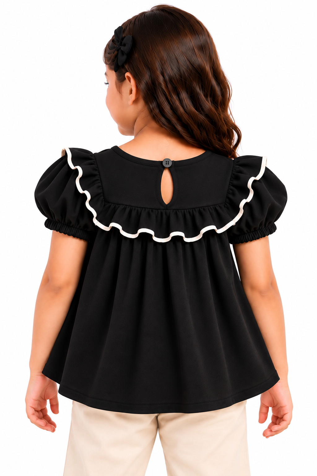 ZIP ZAP ZOOP Girls Black Scuba Top with Puff Sleeves & Contrast Ruffle Detail