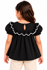 ZIP ZAP ZOOP Girls Black Scuba Top with Puff Sleeves & Contrast Ruffle Detail