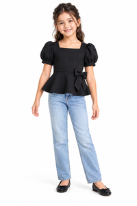 ZIP ZAP ZOOP Girls Black Scuba Square Neck Puff Sleeve Peplum Top with Bow Detail