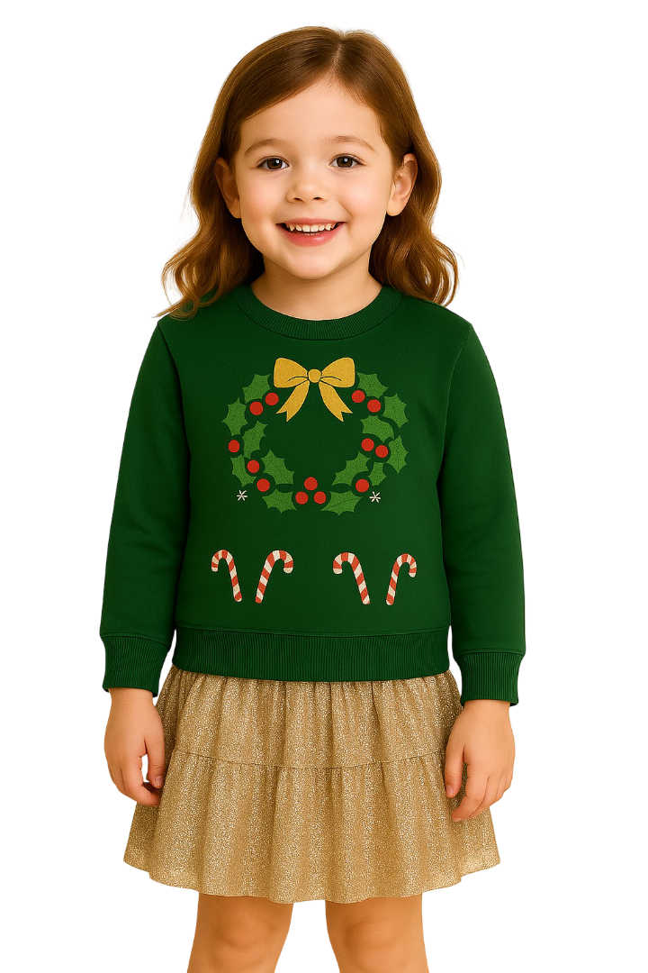 Green Christmas Candy Wreath Print Sweatshirt with Golden Embellished Skirt