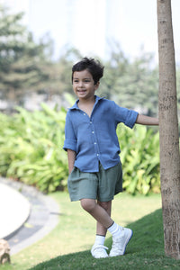 Blue Full Sleeve Shirt & Olive Green Short Soft Cotton Co-ord Set