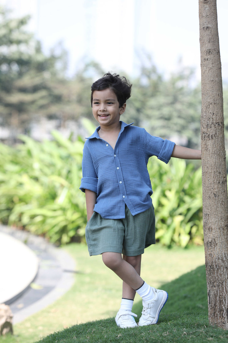 Blue Full Sleeve Shirt & Olive Green Short Soft Cotton Co-ord Set