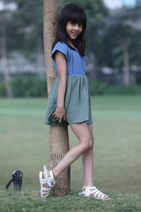 Blue & Olive Green Half Sleeve Color Block Soft Cotton Dress