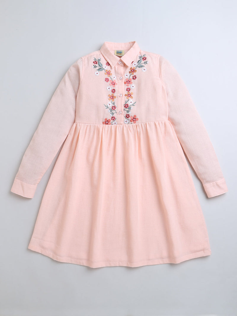 Peach Full Sleeve Collar Neck Embroidery Girls Dress
