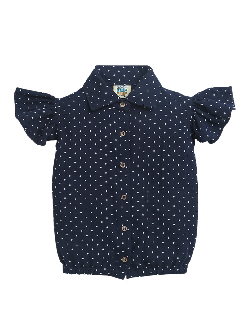 Navy Blue with White Polka Dots Frill Sleeve Top Shirt ZipZapZoop