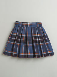 Girls White Full Sleeve Top with Bow Applique & Navy Blue Check Skirt