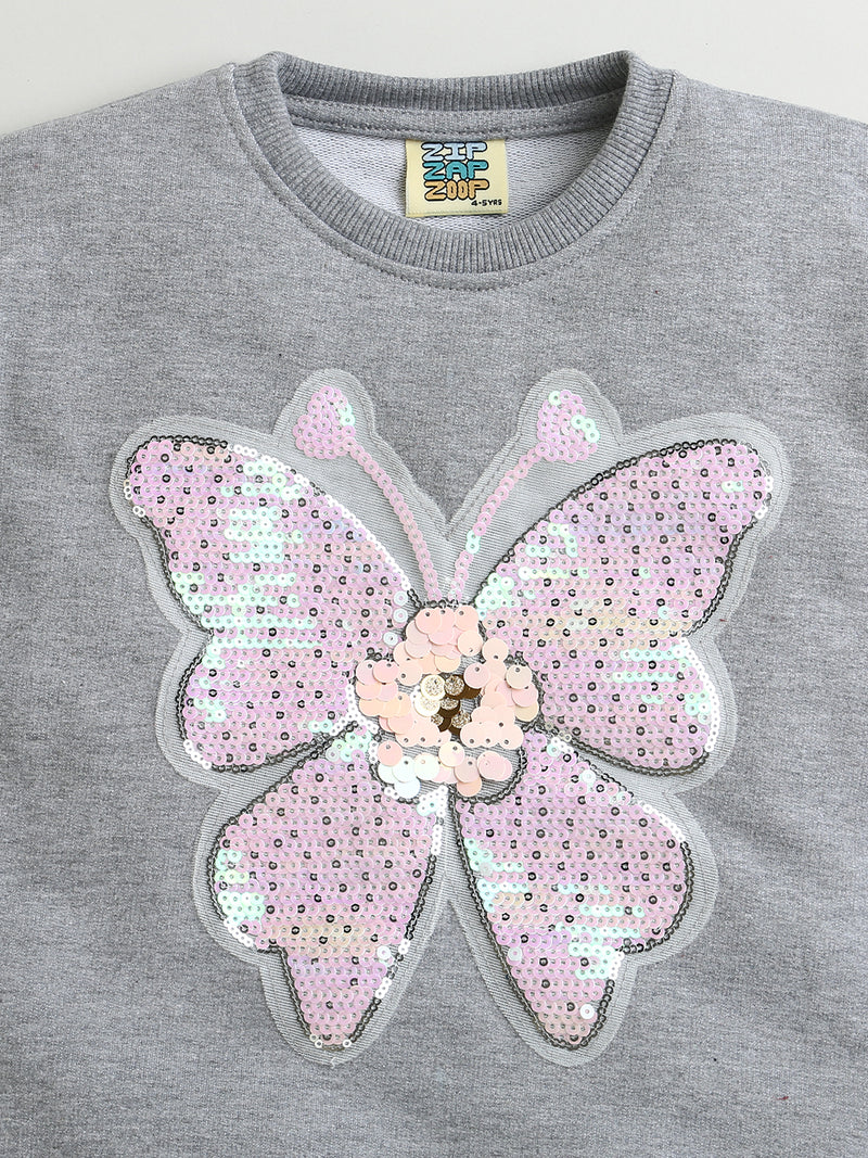 Grey Sequinned Butterfly Full Sleeve Sweatshirt