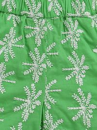 White & Green Frill Short Sleeve Flower Embroidered Top & Short Co-ord Set