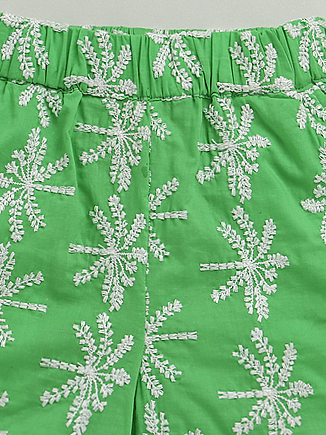 White & Green Frill Short Sleeve Flower Embroidered Top & Short Co-ord Set