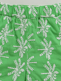White & Green Frill Short Sleeve Flower Embroidered Top & Short Co-ord Set