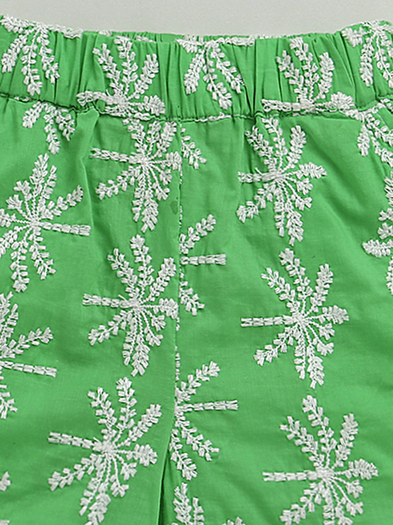 White & Green Frill Short Sleeve Flower Embroidered Top & Short Co-ord Set