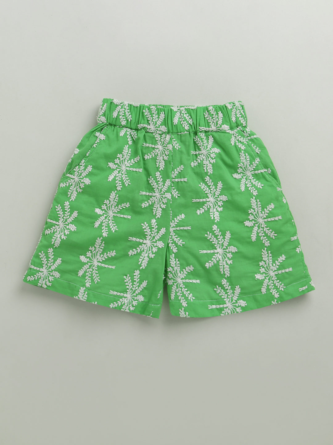 White & Green Frill Short Sleeve Flower Embroidered Top & Short Co-ord Set