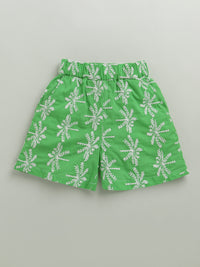 White & Green Frill Short Sleeve Flower Embroidered Top & Short Co-ord Set