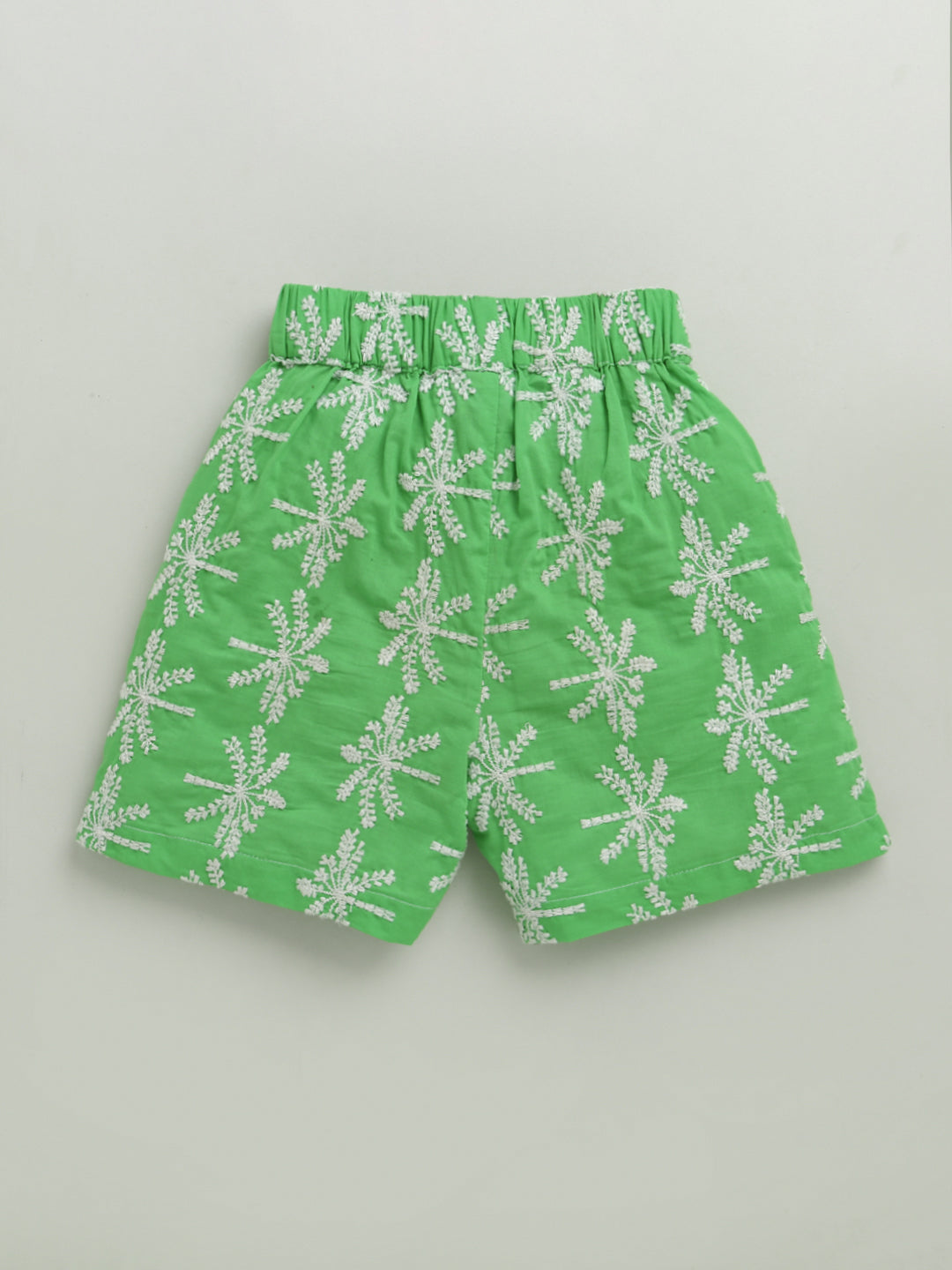 White & Green Frill Short Sleeve Flower Embroidered Top & Short Co-ord Set