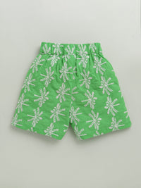 White & Green Frill Short Sleeve Flower Embroidered Top & Short Co-ord Set