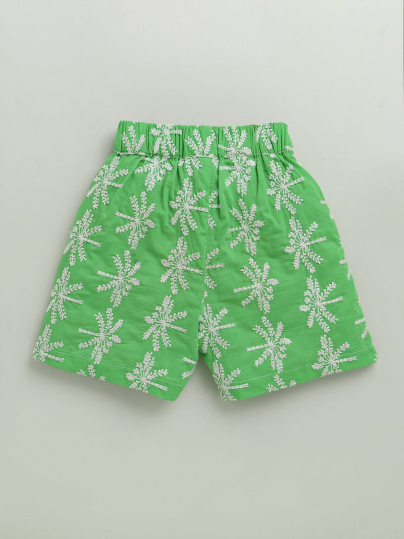 White & Green Frill Short Sleeve Flower Embroidered Top & Short Co-ord Set