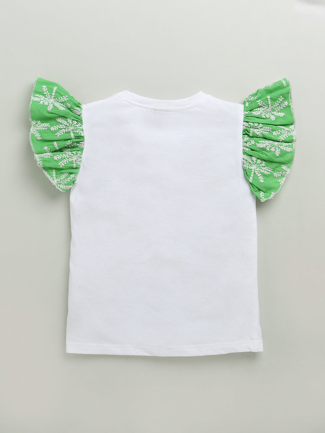 White & Green Frill Short Sleeve Flower Embroidered Top & Short Co-ord Set
