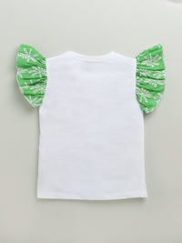 White & Green Frill Short Sleeve Flower Embroidered Top & Short Co-ord Set