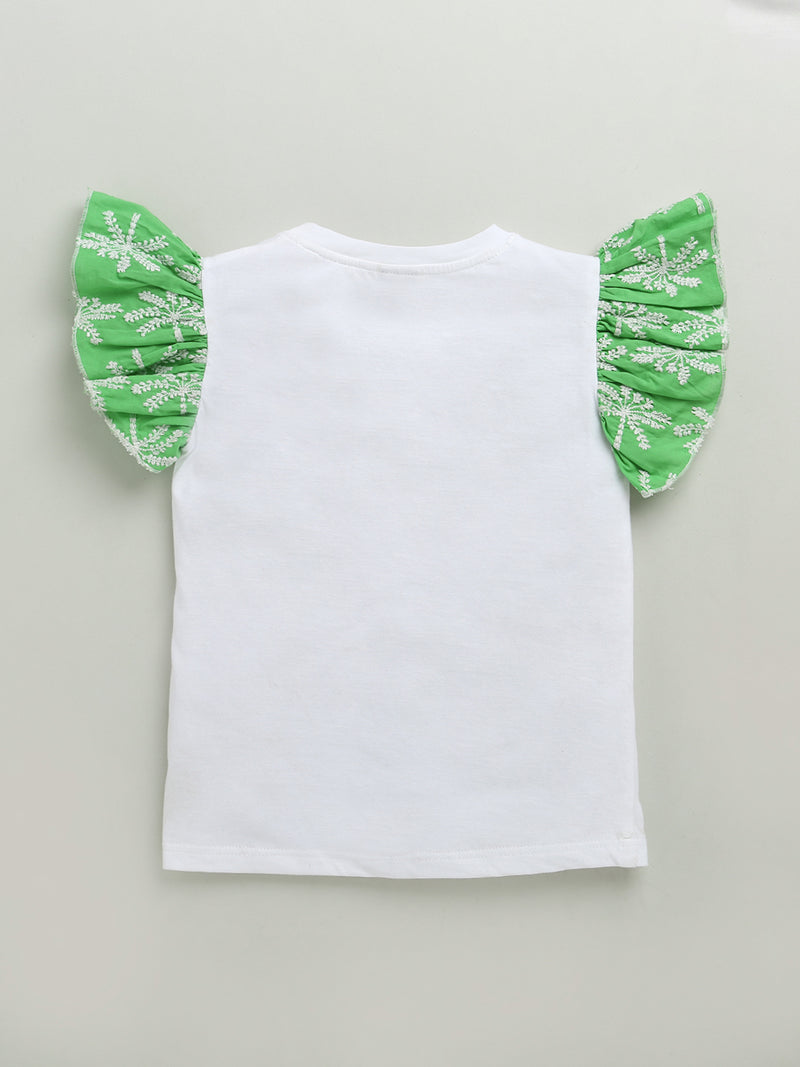 White & Green Frill Short Sleeve Flower Embroidered Top & Short Co-ord Set