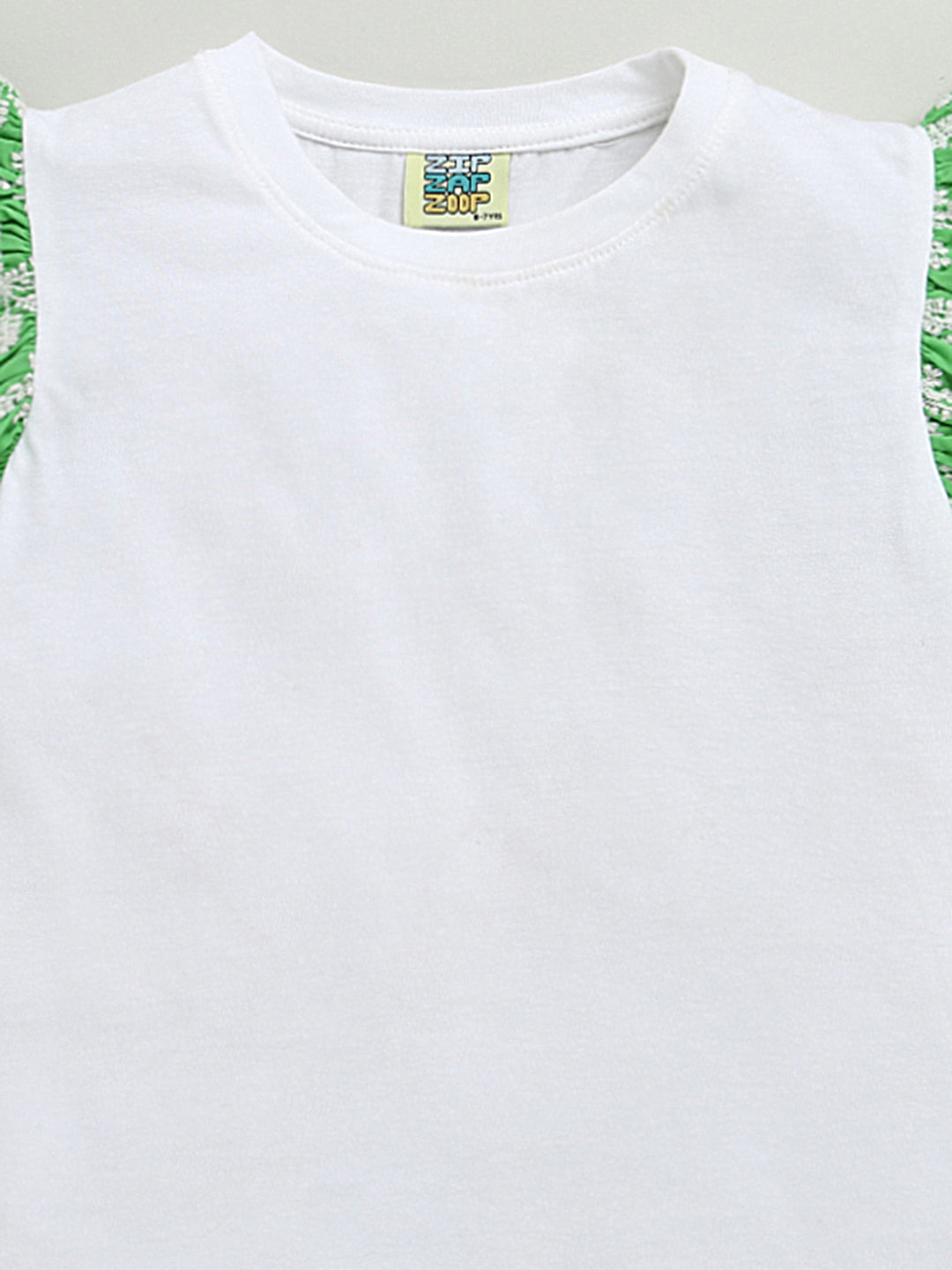 White & Green Frill Short Sleeve Flower Embroidered Top & Short Co-ord Set