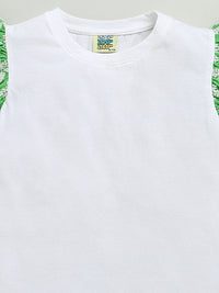White & Green Frill Short Sleeve Flower Embroidered Top & Short Co-ord Set