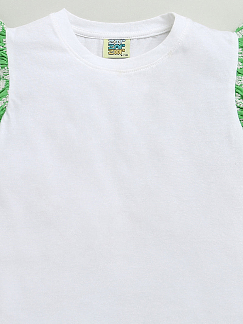 White & Green Frill Short Sleeve Flower Embroidered Top & Short Co-ord Set