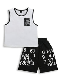 White & Black Sleeveless Number Print Soft Cotton T-shirt & Short Co-ord Set