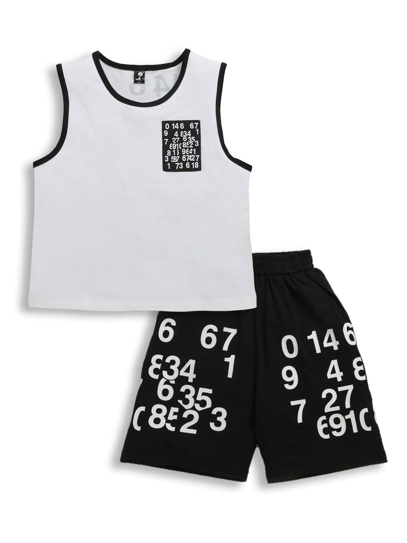 White & Black Sleeveless Number Print Soft Cotton T-shirt & Short Co-ord Set