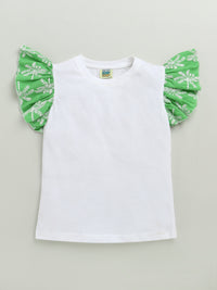 White & Green Frill Short Sleeve Flower Embroidered Top & Short Co-ord Set