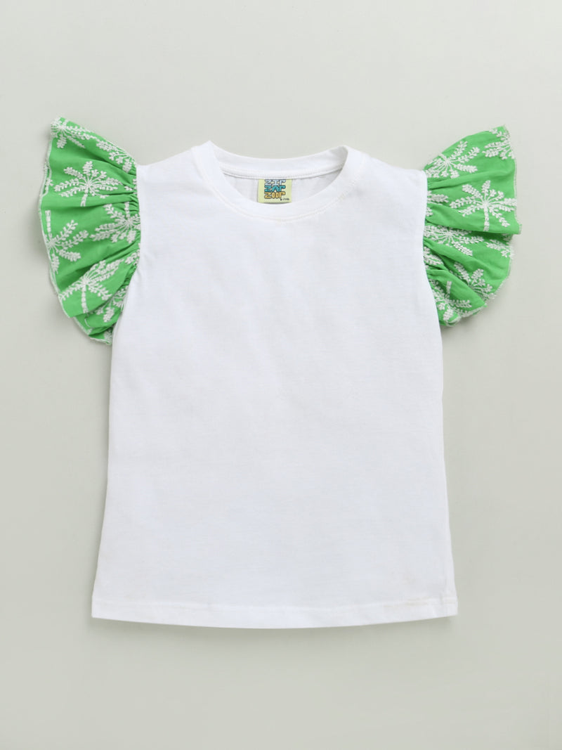 White & Green Frill Short Sleeve Flower Embroidered Top & Short Co-ord Set