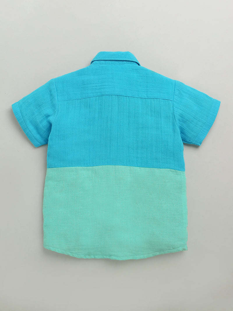 Blue & Green Half Sleeve Color Block Pure Cotton Shirt & Short Co-ord Set