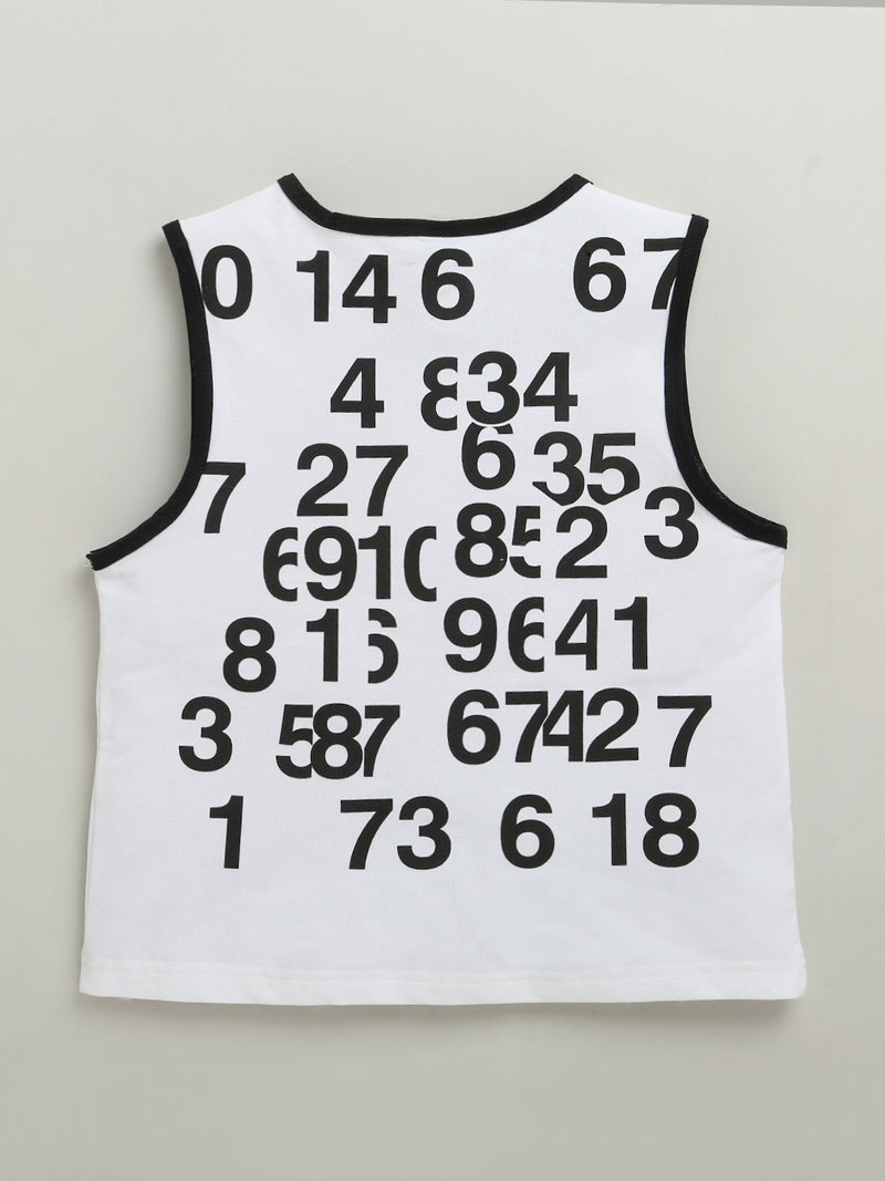 White & Black Sleeveless Number Print Soft Cotton T-shirt & Short Co-ord Set